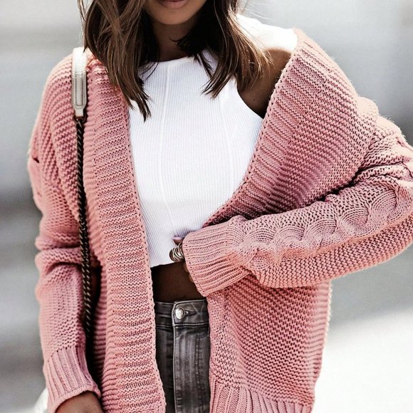 Pink Casual Womens Drop Shoulder Open Front Cable Knit Cardigan - Picture 4 of 5